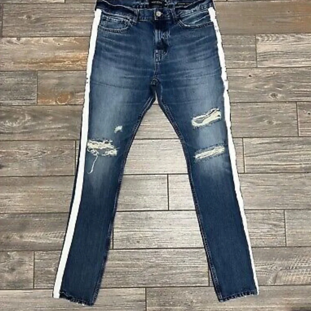 Pac Sun Vertical Stretch Jeans 34X33 Stacked Skinny White Side Paint Stripe - Picture 6 of 10